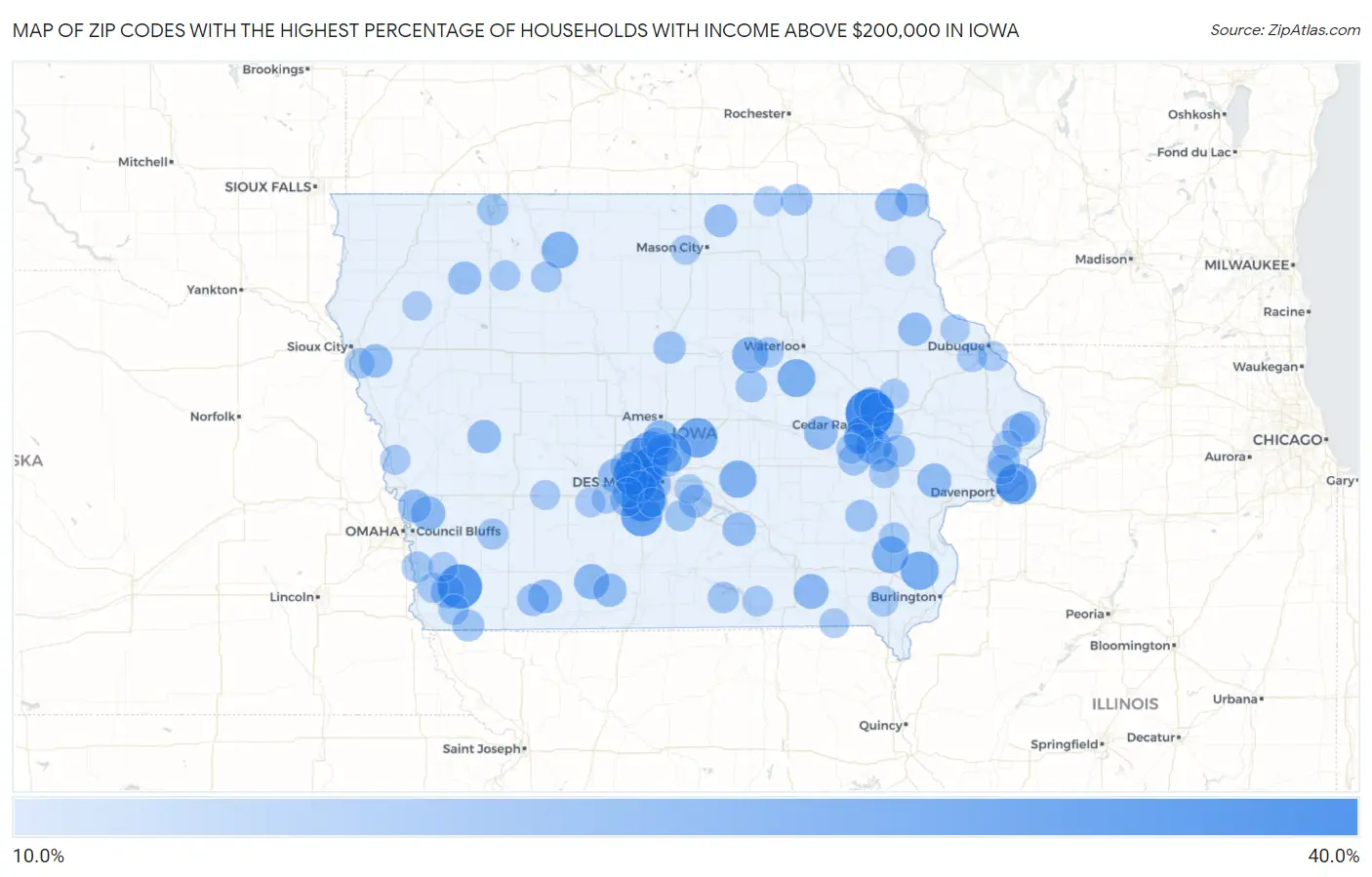 Zip Codes with the Highest Percentage of Households with Income Above $200,000 in Iowa Map