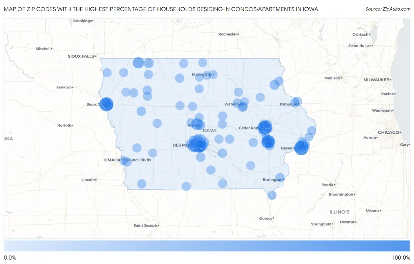 Zip Codes with the Highest Percentage of Households Residing in Condos/Apartments in Iowa Map