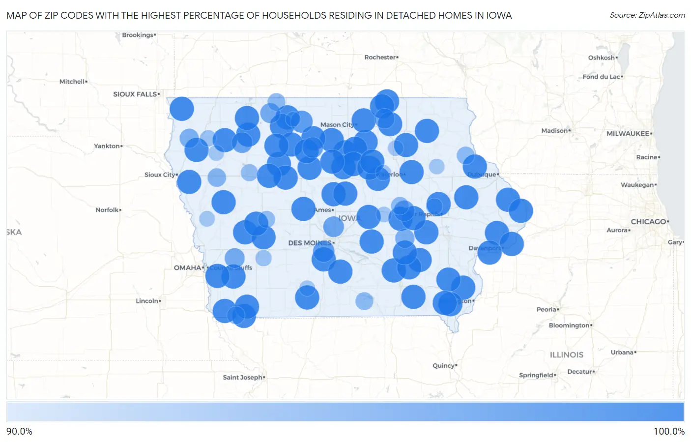 Zip Codes with the Highest Percentage of Households Residing in Detached Homes in Iowa Map