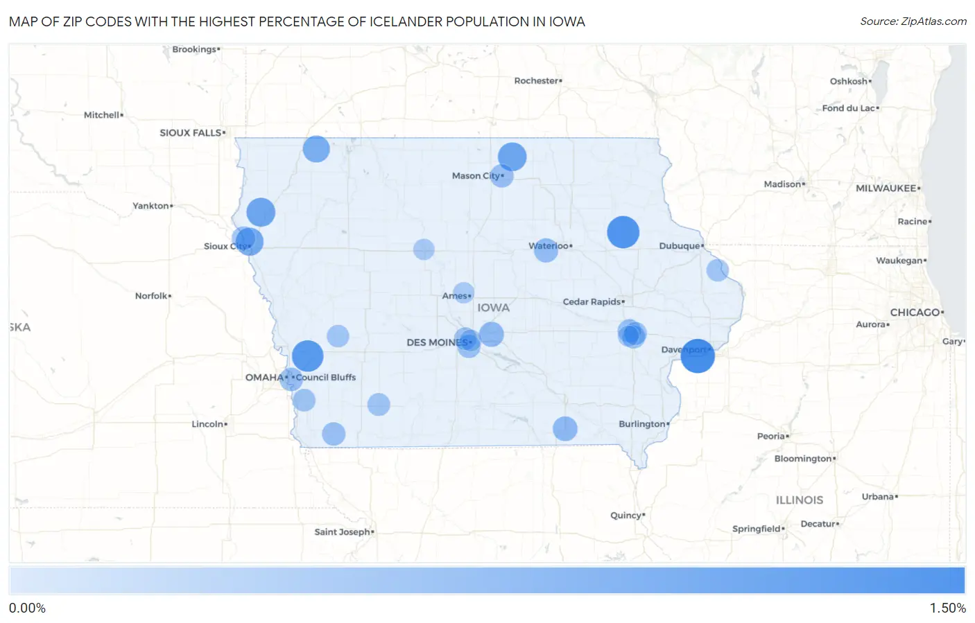 Zip Codes with the Highest Percentage of Icelander Population in Iowa Map