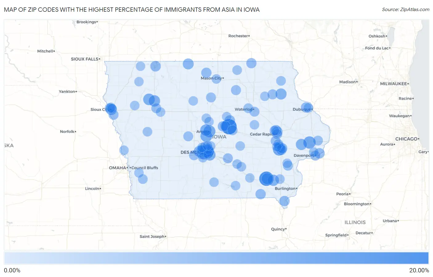 Zip Codes with the Highest Percentage of Immigrants from Asia in Iowa Map