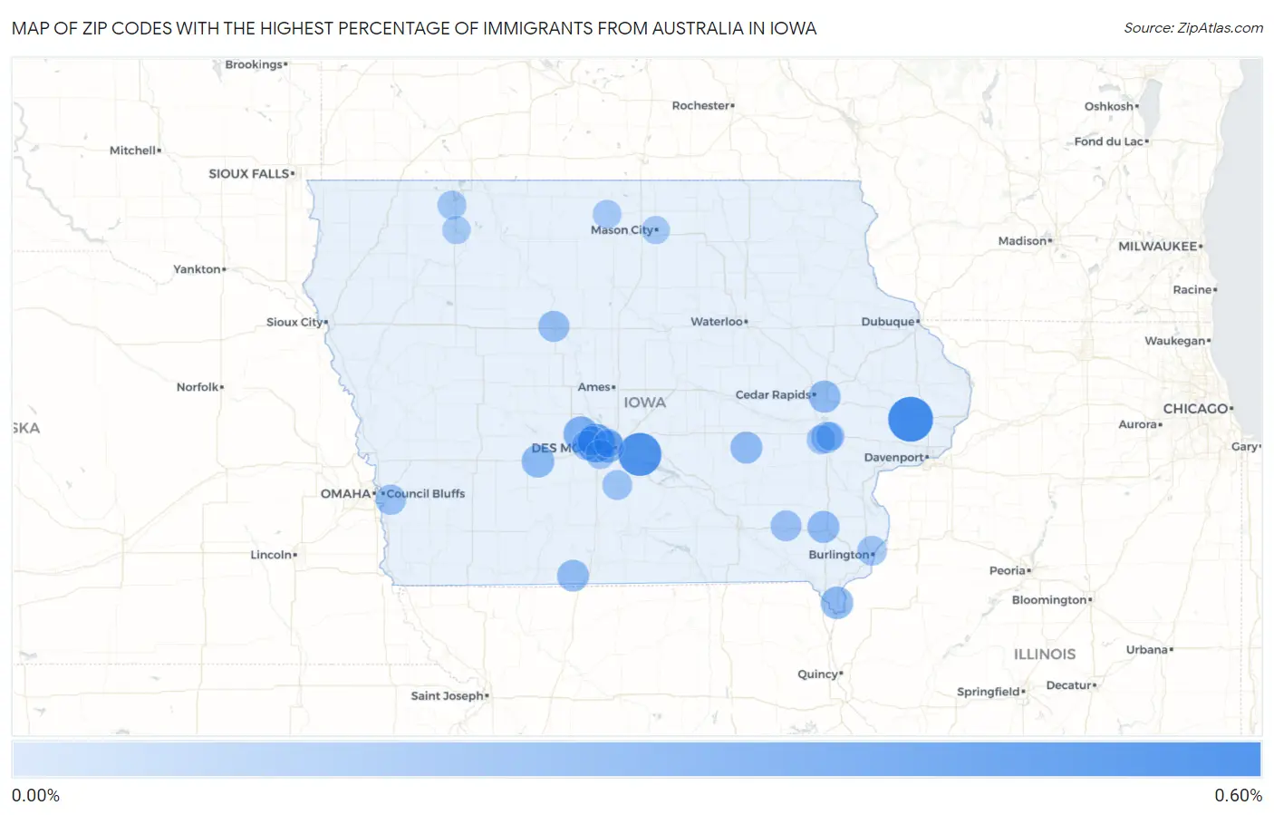 Zip Codes with the Highest Percentage of Immigrants from Australia in Iowa Map
