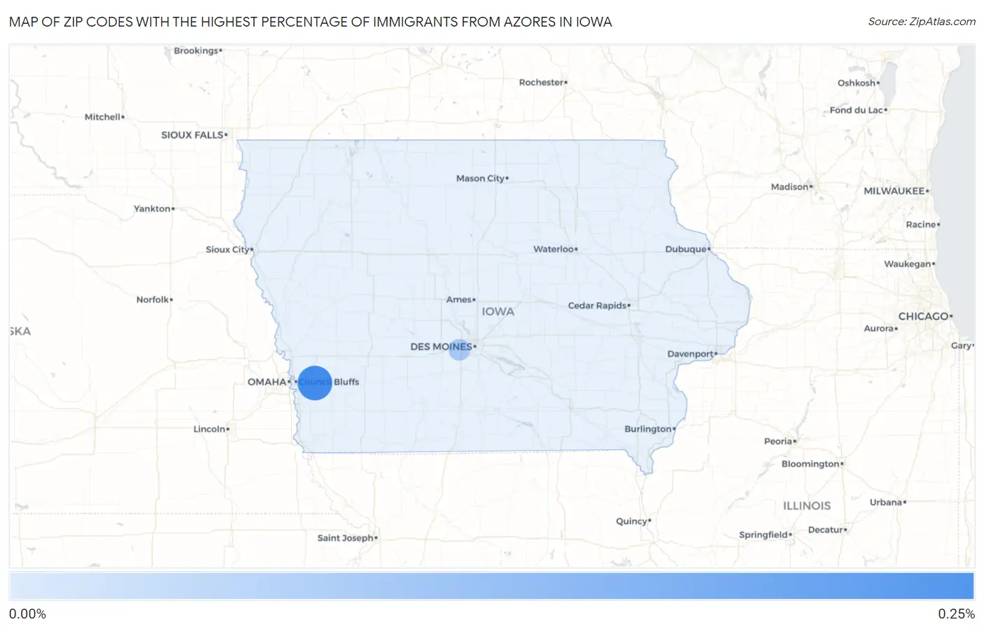 Zip Codes with the Highest Percentage of Immigrants from Azores in Iowa Map
