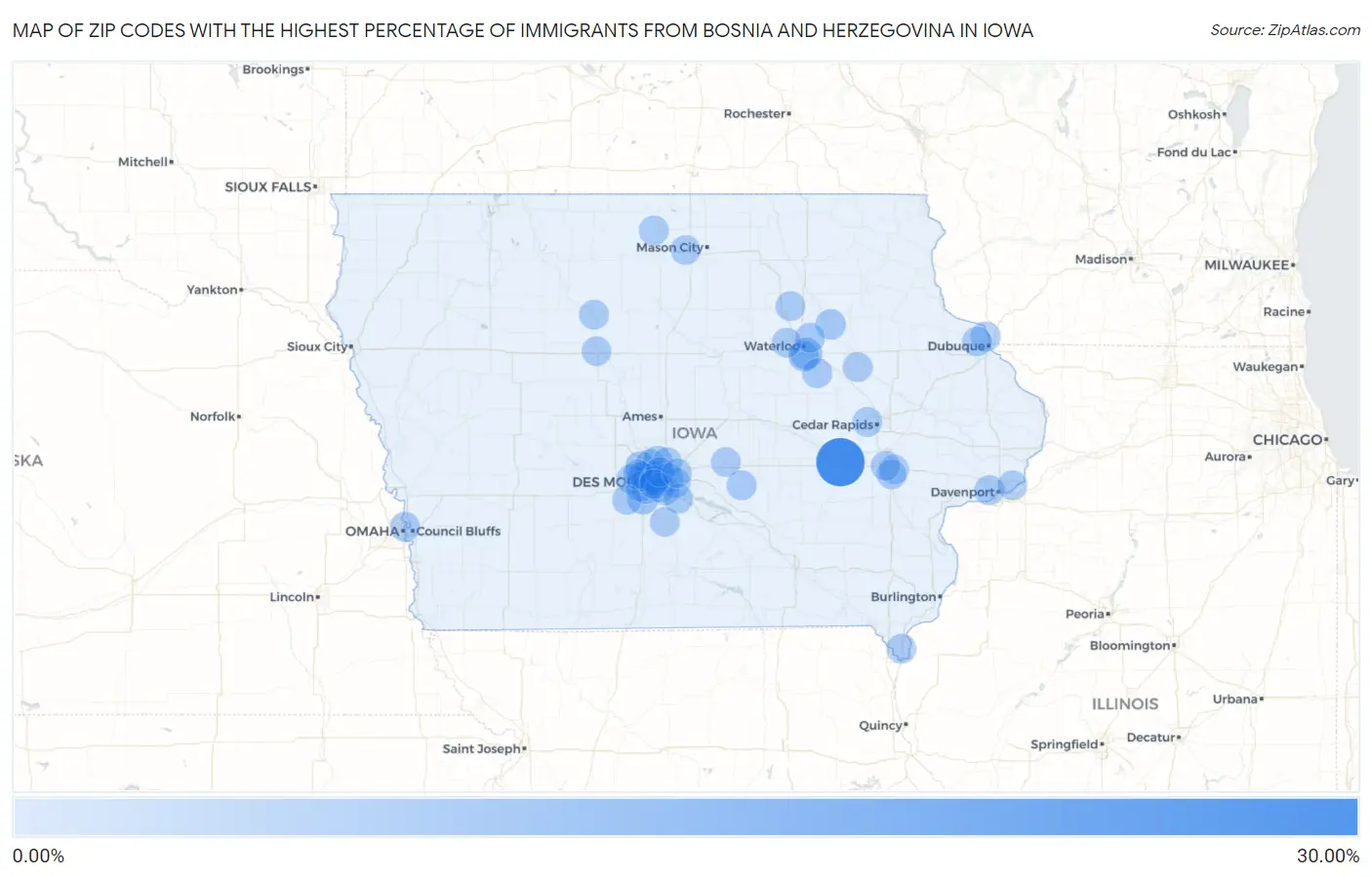 Zip Codes with the Highest Percentage of Immigrants from Bosnia and Herzegovina in Iowa Map