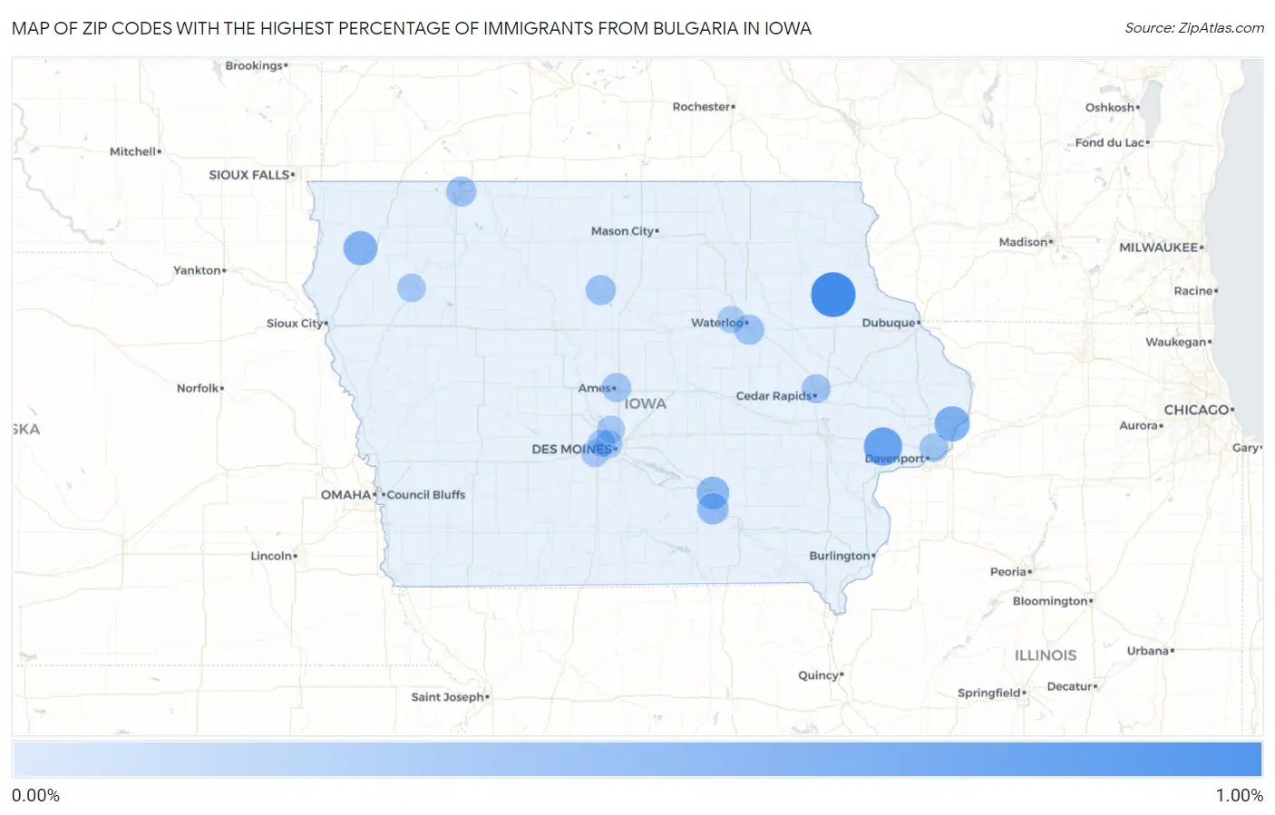 Zip Codes with the Highest Percentage of Immigrants from Bulgaria in Iowa Map