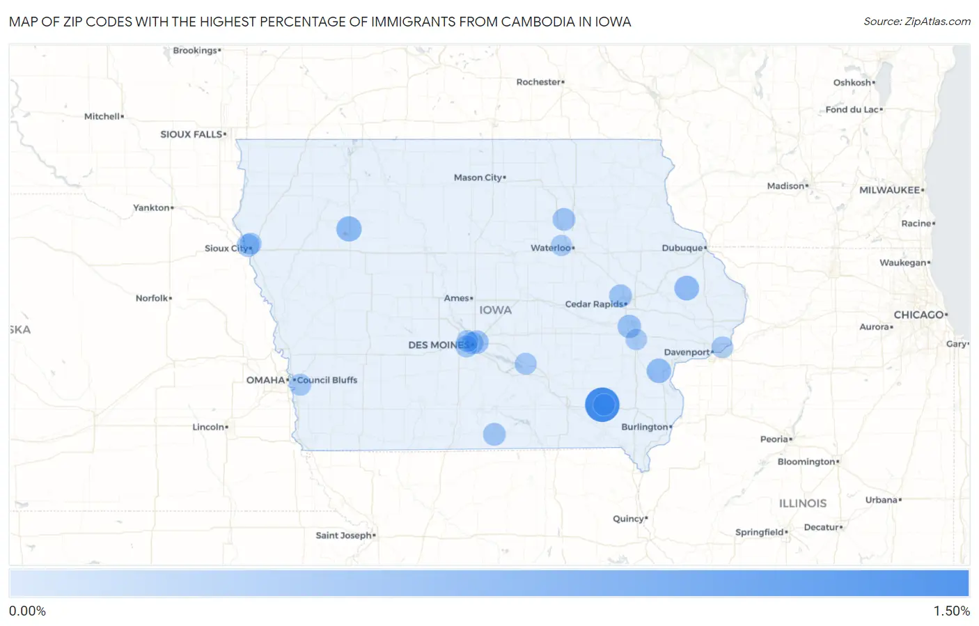Zip Codes with the Highest Percentage of Immigrants from Cambodia in Iowa Map