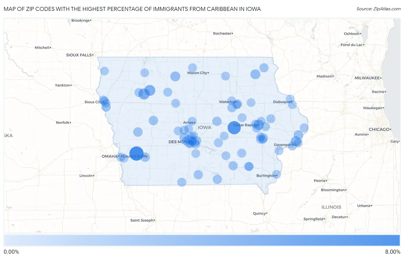 Zip Codes with the Highest Percentage of Immigrants from Caribbean in Iowa Map