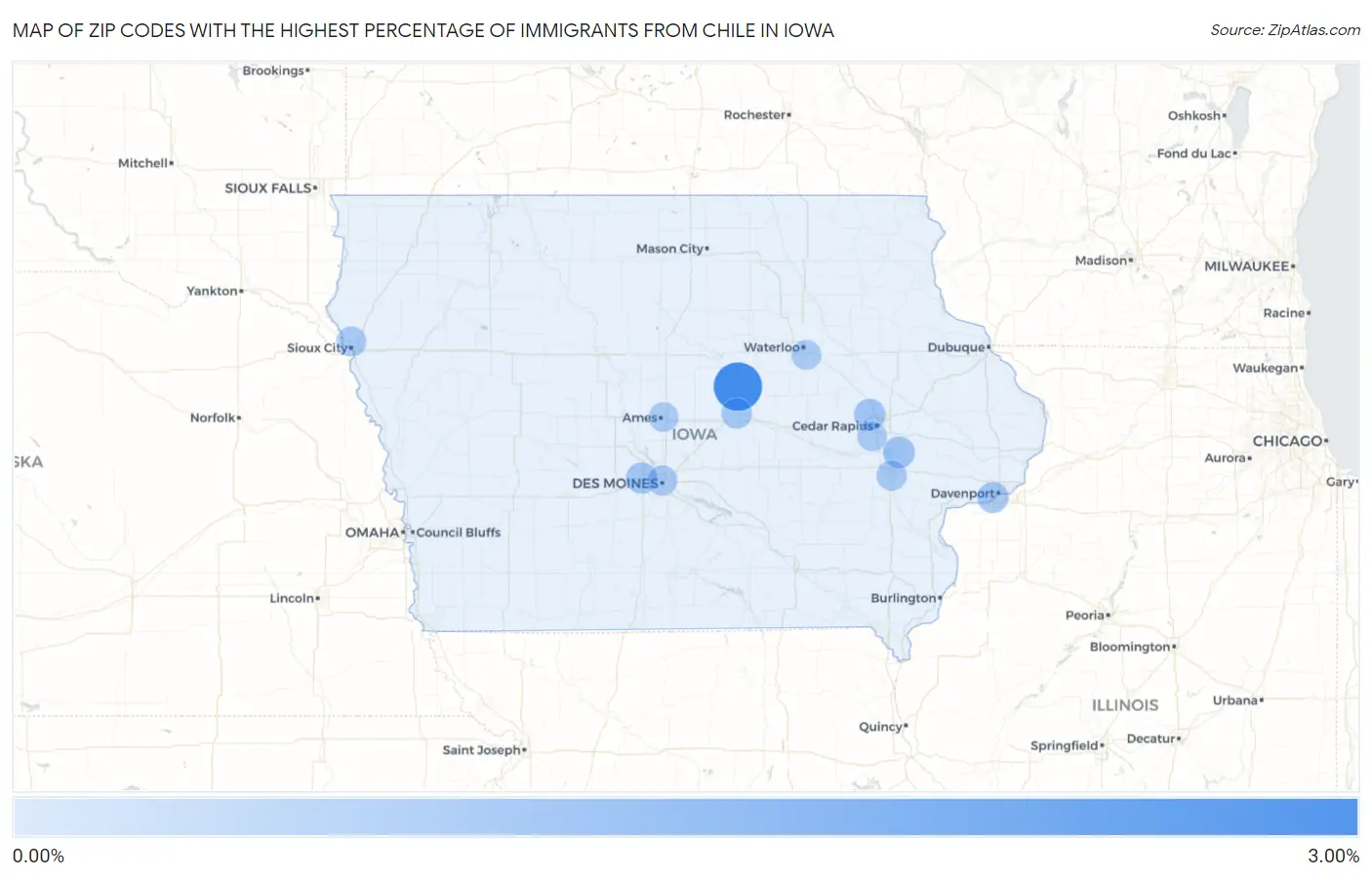Zip Codes with the Highest Percentage of Immigrants from Chile in Iowa Map