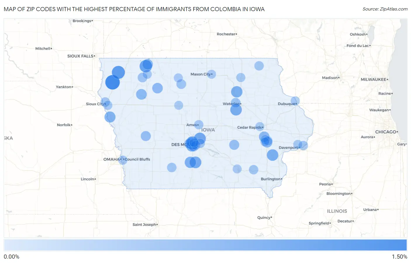 Zip Codes with the Highest Percentage of Immigrants from Colombia in Iowa Map