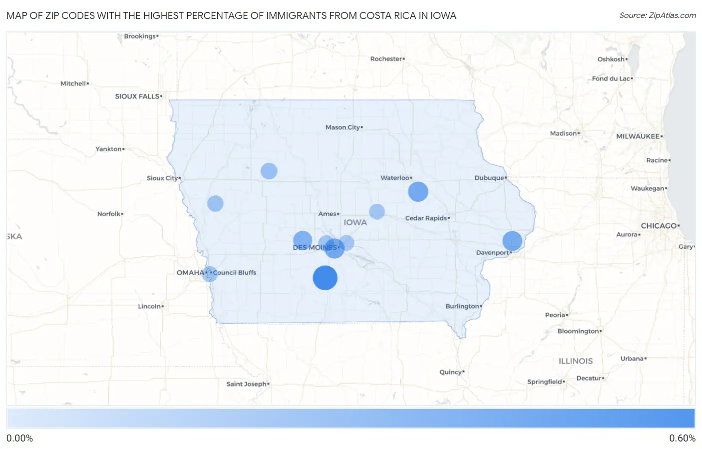 Zip Codes with the Highest Percentage of Immigrants from Costa Rica in Iowa Map