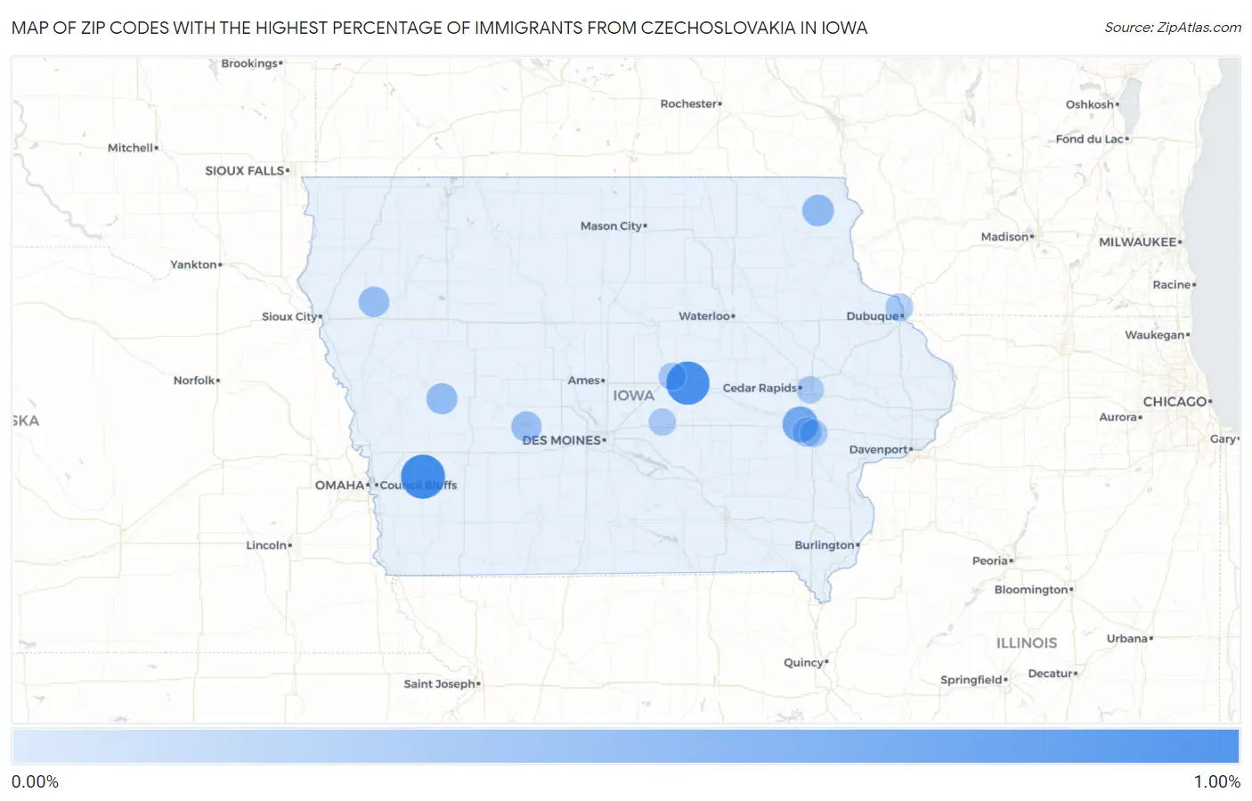 Zip Codes with the Highest Percentage of Immigrants from Czechoslovakia in Iowa Map