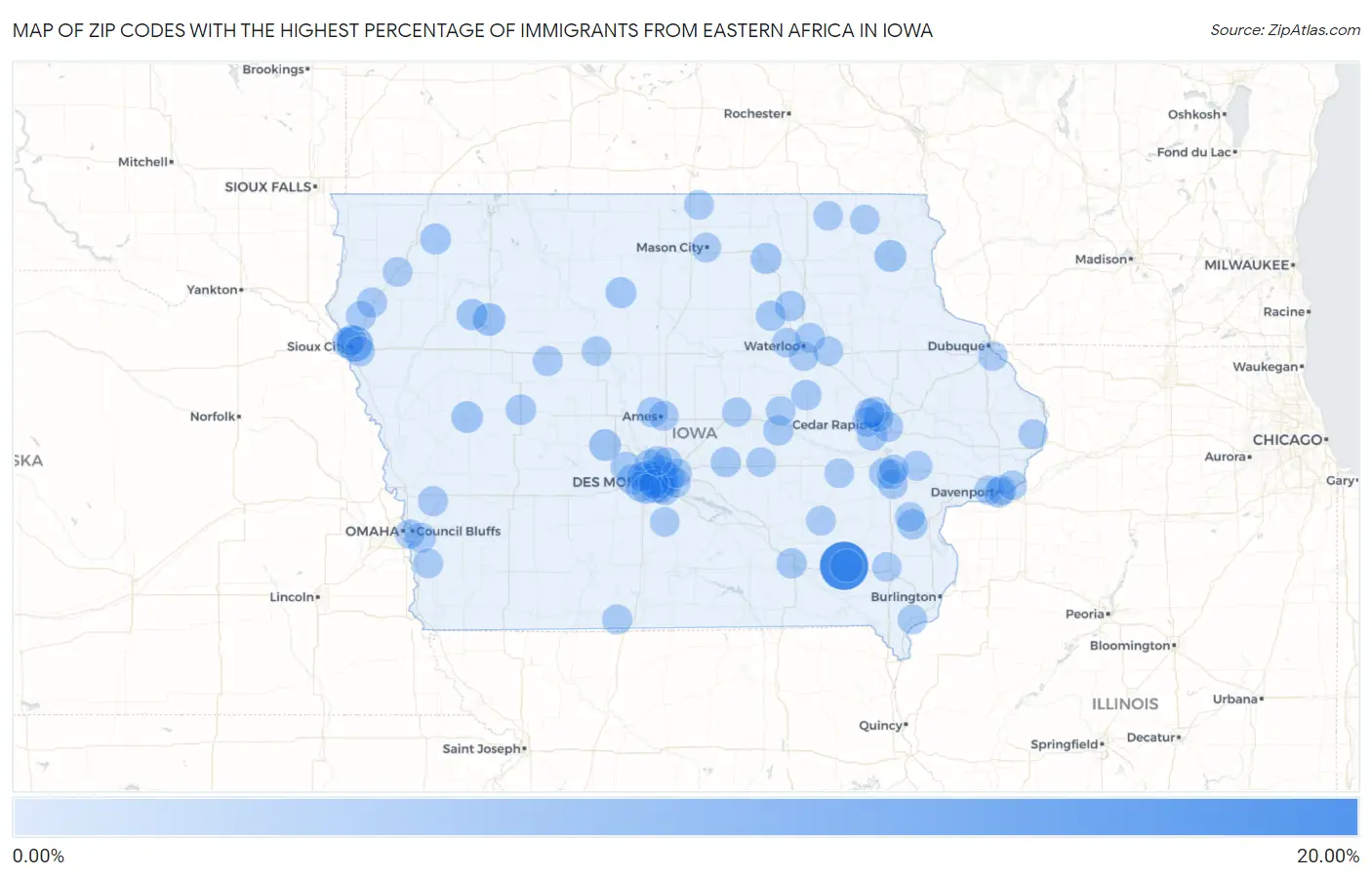 Zip Codes with the Highest Percentage of Immigrants from Eastern Africa in Iowa Map