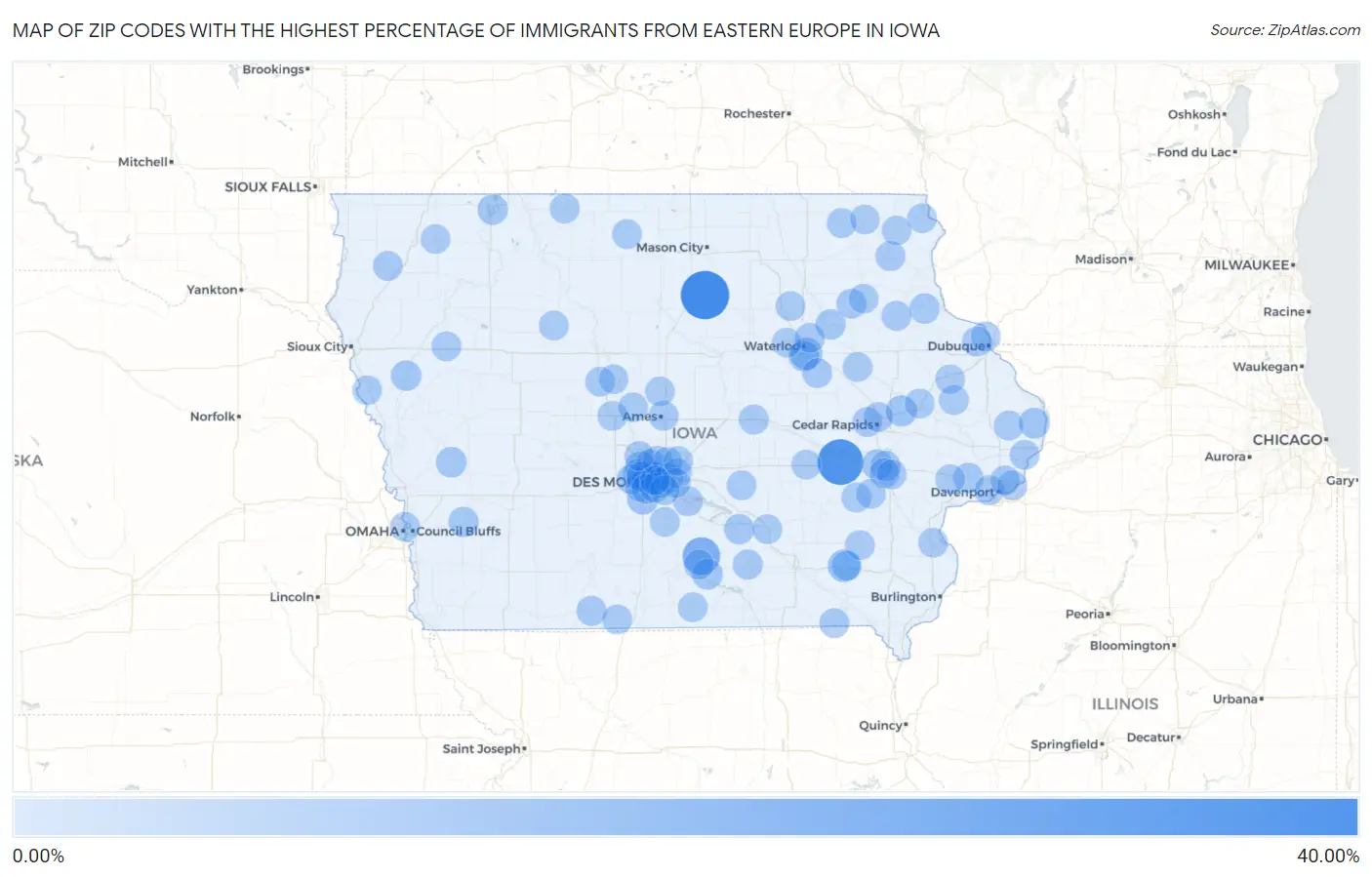 Zip Codes with the Highest Percentage of Immigrants from Eastern Europe in Iowa Map