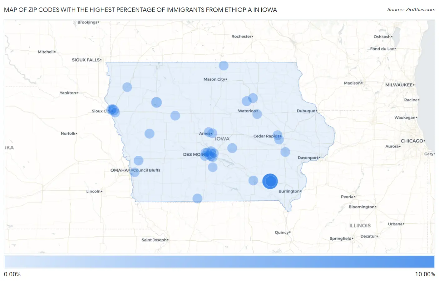 Zip Codes with the Highest Percentage of Immigrants from Ethiopia in Iowa Map