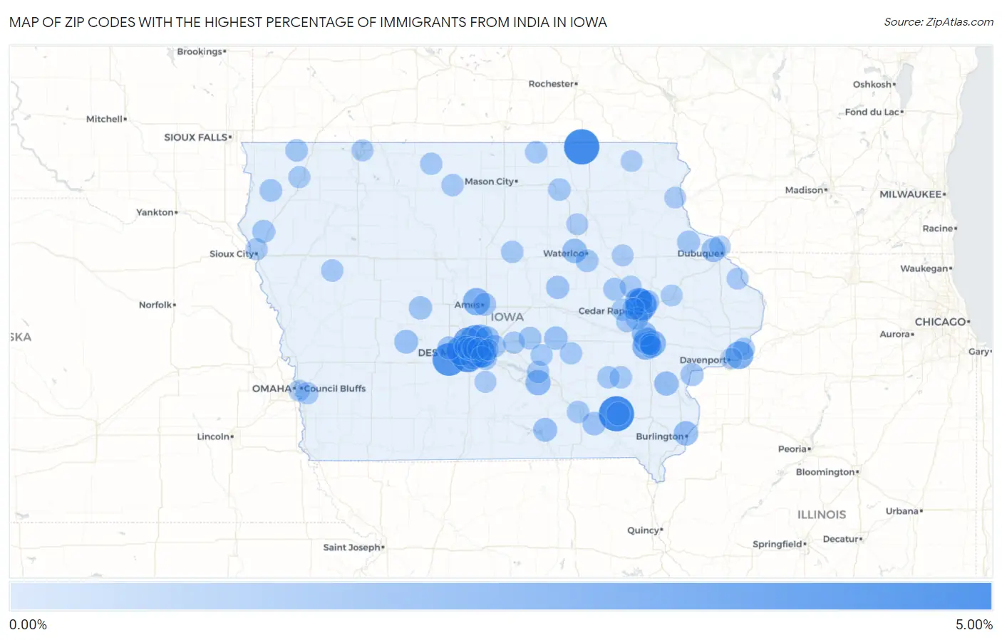 Zip Codes with the Highest Percentage of Immigrants from India in Iowa Map