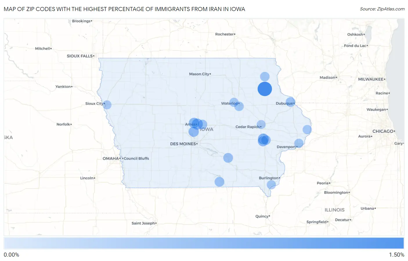 Zip Codes with the Highest Percentage of Immigrants from Iran in Iowa Map