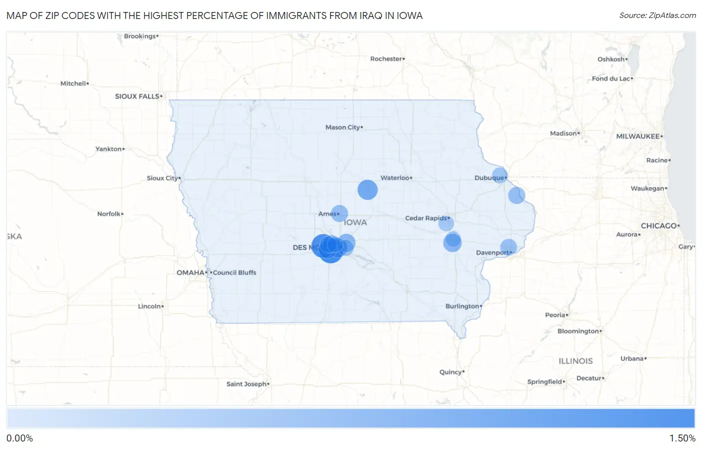 Zip Codes with the Highest Percentage of Immigrants from Iraq in Iowa Map