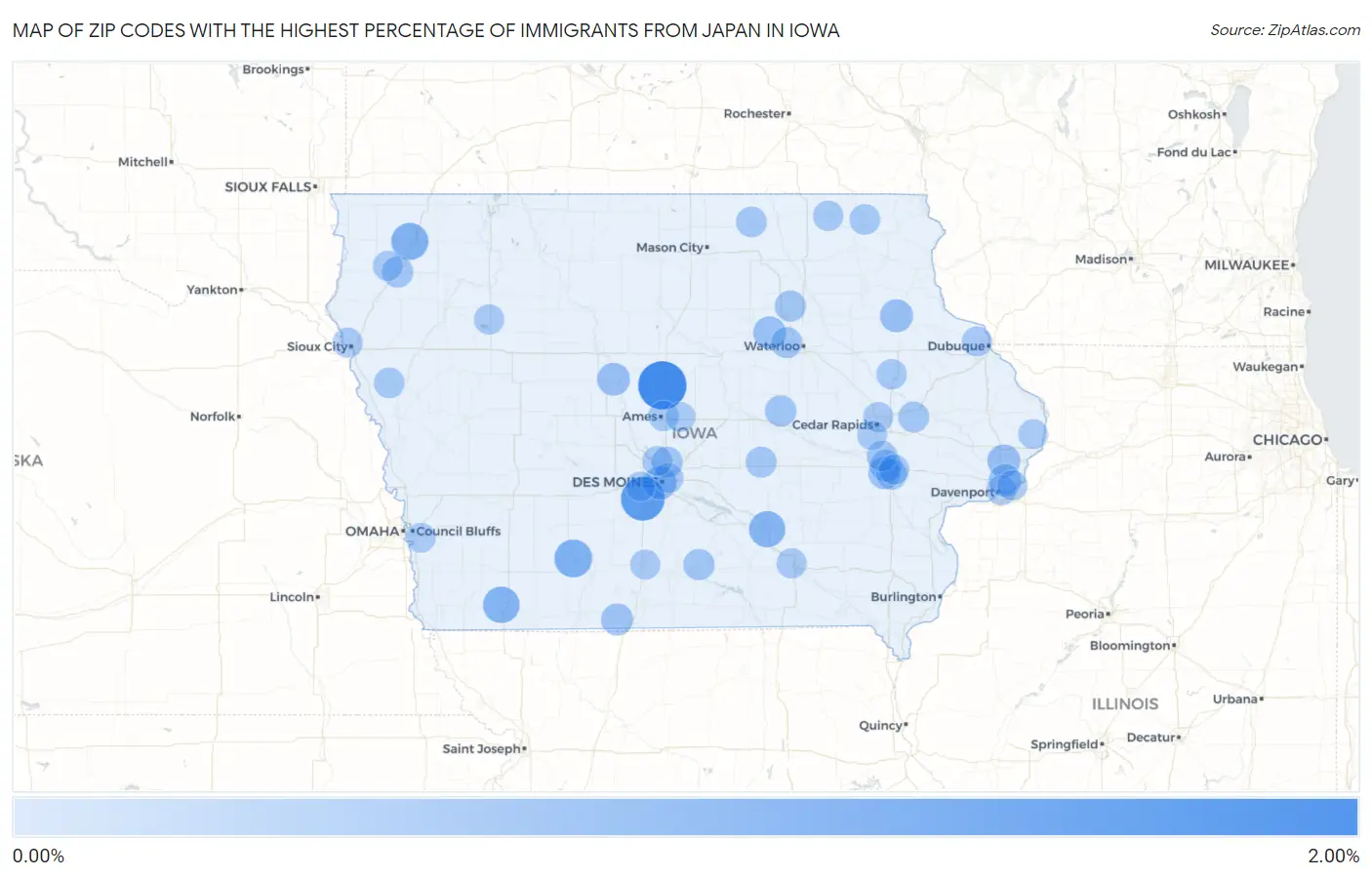 Zip Codes with the Highest Percentage of Immigrants from Japan in Iowa Map