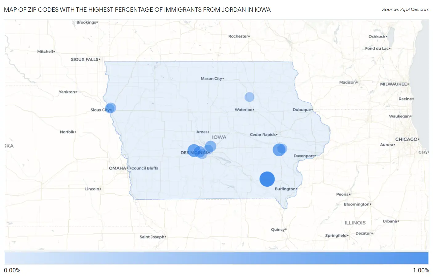 Zip Codes with the Highest Percentage of Immigrants from Jordan in Iowa Map