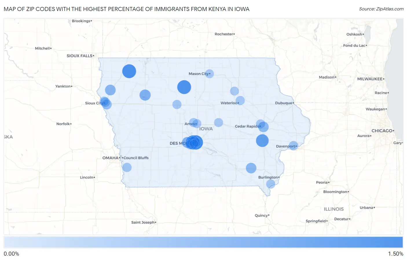 Zip Codes with the Highest Percentage of Immigrants from Kenya in Iowa Map