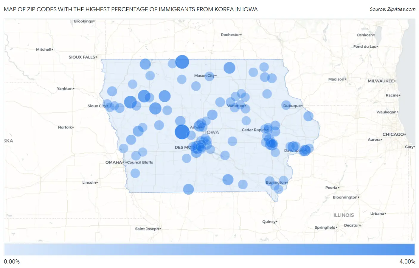 Zip Codes with the Highest Percentage of Immigrants from Korea in Iowa Map
