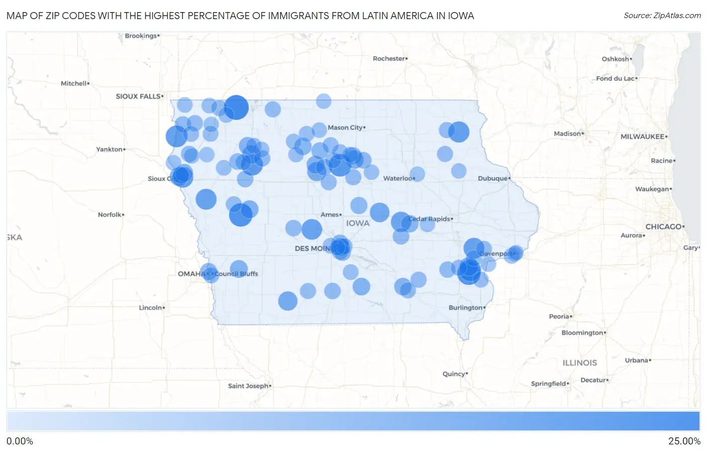 Zip Codes with the Highest Percentage of Immigrants from Latin America in Iowa Map