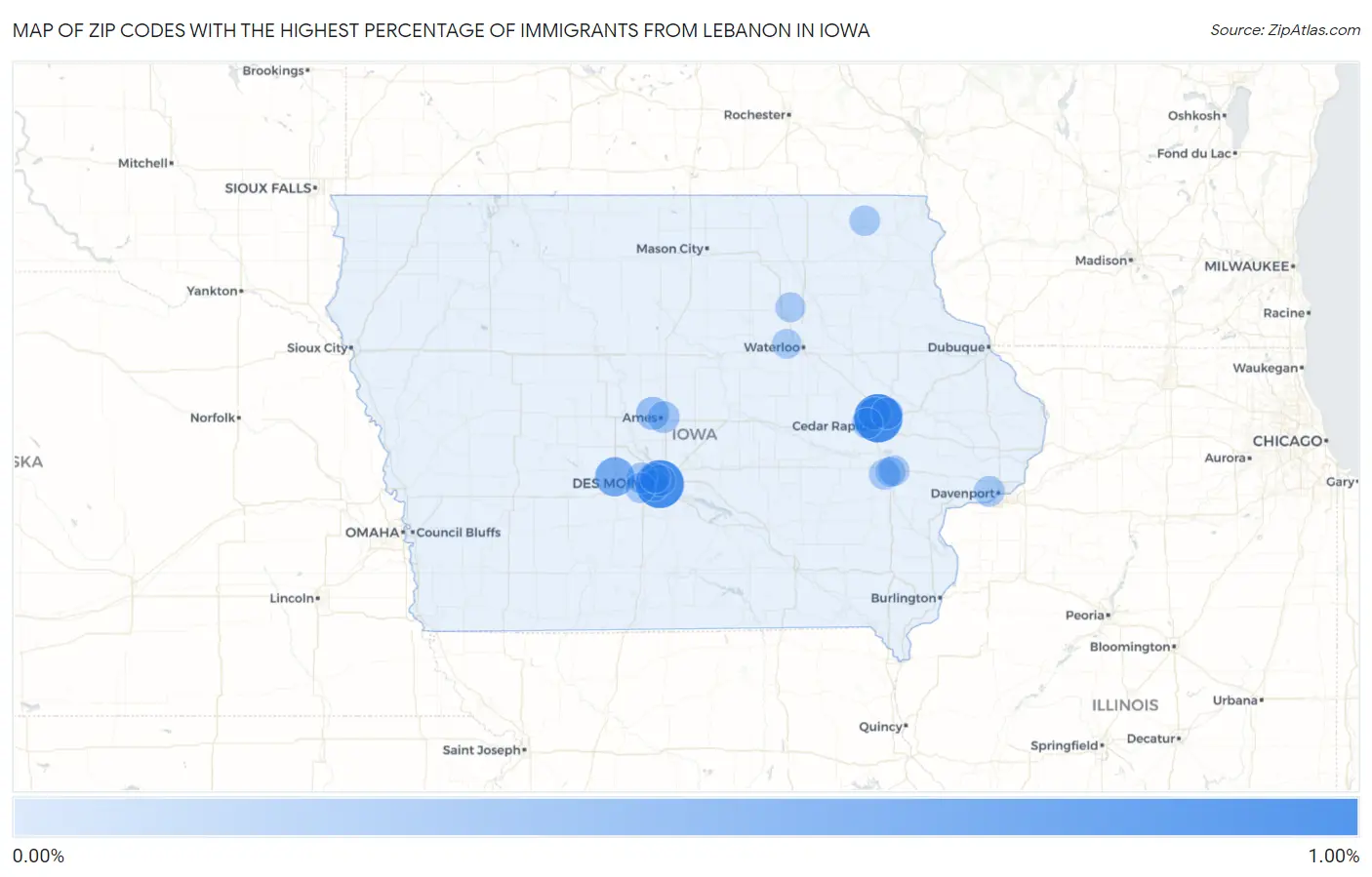 Zip Codes with the Highest Percentage of Immigrants from Lebanon in Iowa Map
