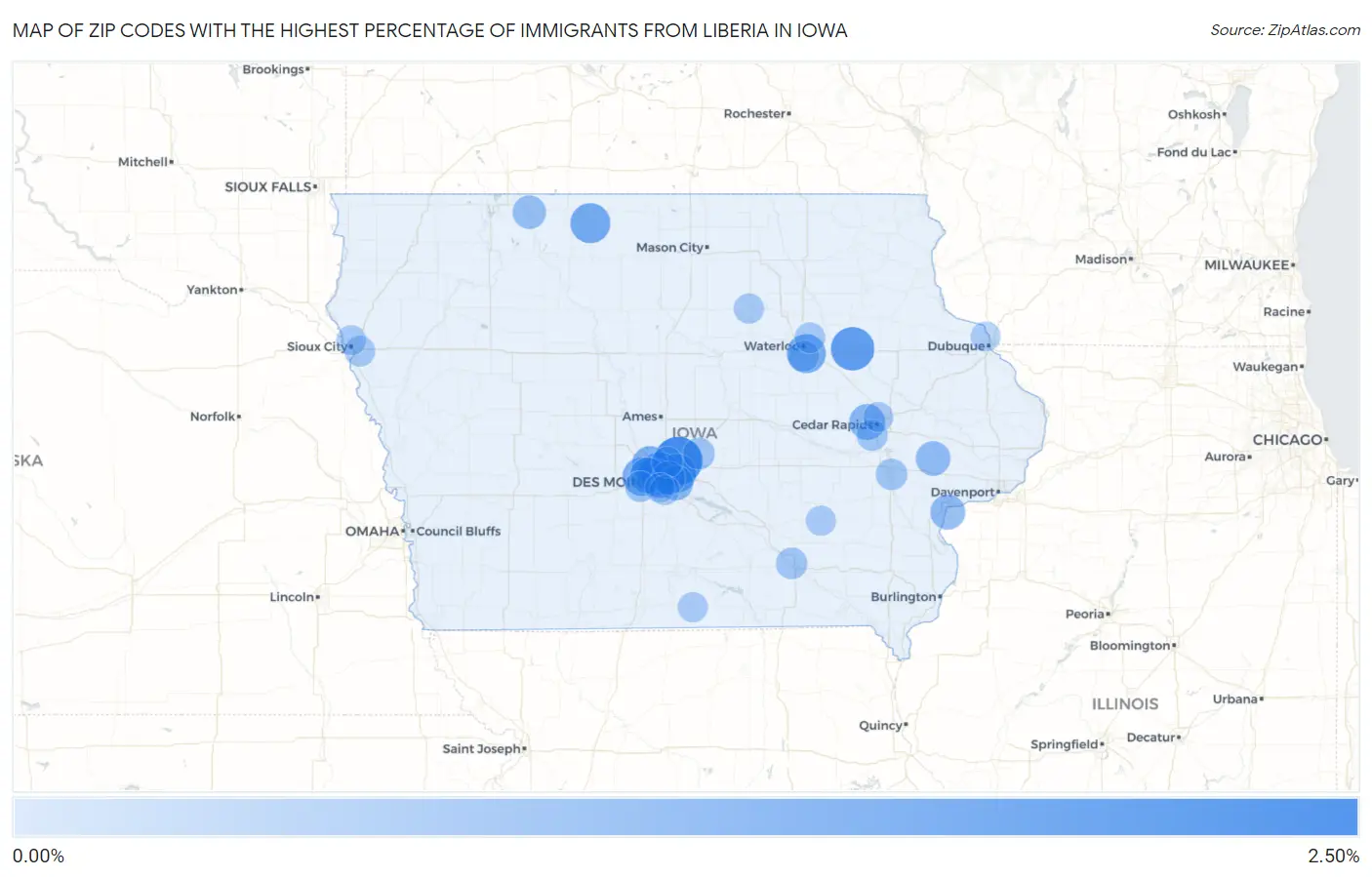 Zip Codes with the Highest Percentage of Immigrants from Liberia in Iowa Map