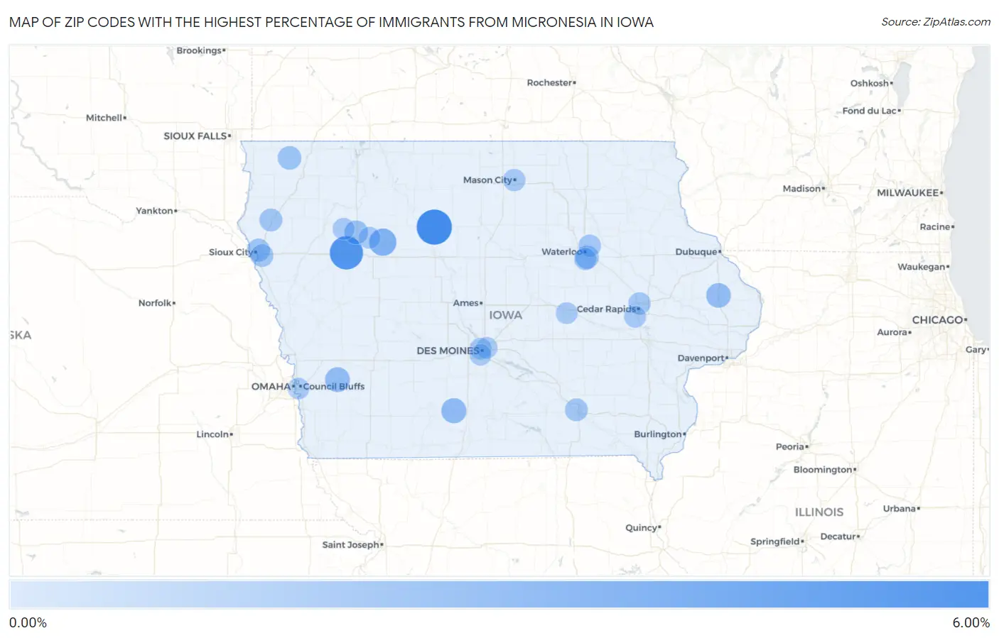 Zip Codes with the Highest Percentage of Immigrants from Micronesia in Iowa Map