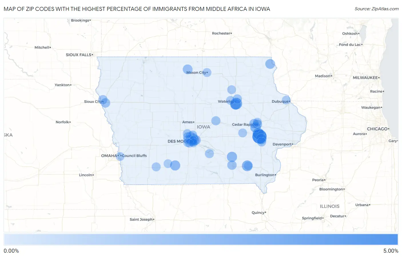 Zip Codes with the Highest Percentage of Immigrants from Middle Africa in Iowa Map