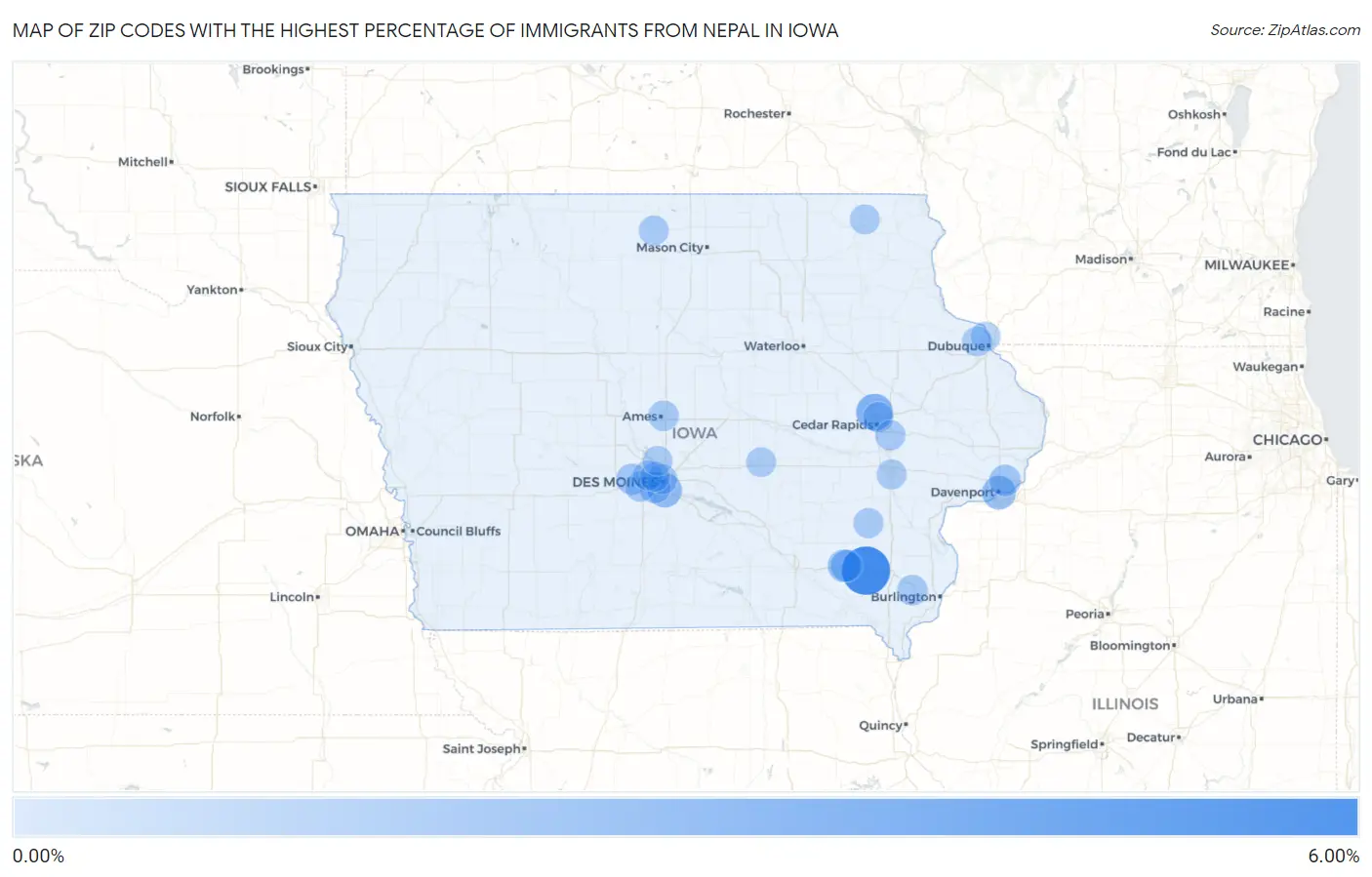 Zip Codes with the Highest Percentage of Immigrants from Nepal in Iowa Map
