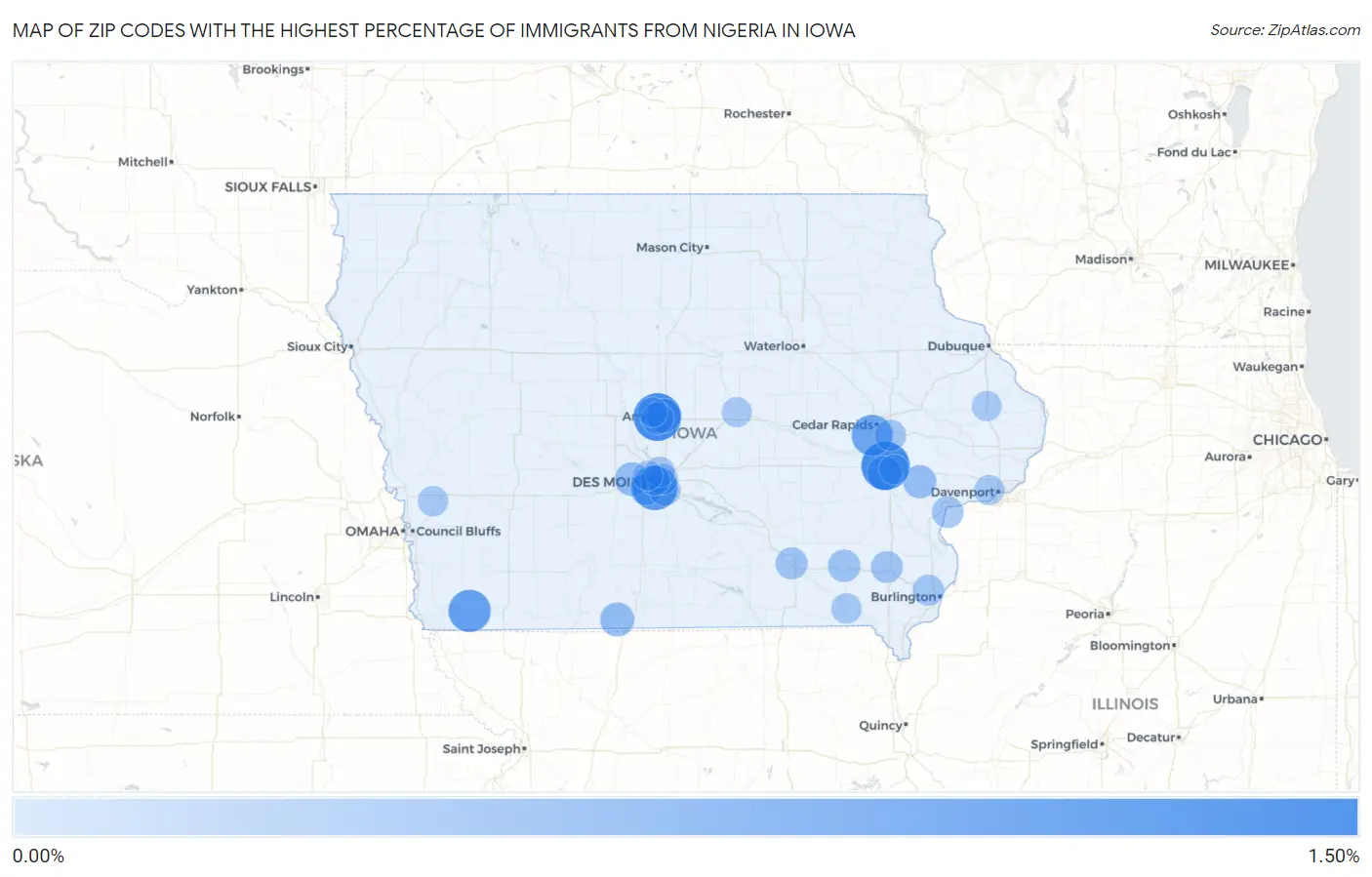 Zip Codes with the Highest Percentage of Immigrants from Nigeria in Iowa Map