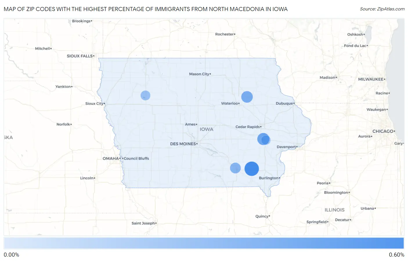 Zip Codes with the Highest Percentage of Immigrants from North Macedonia in Iowa Map