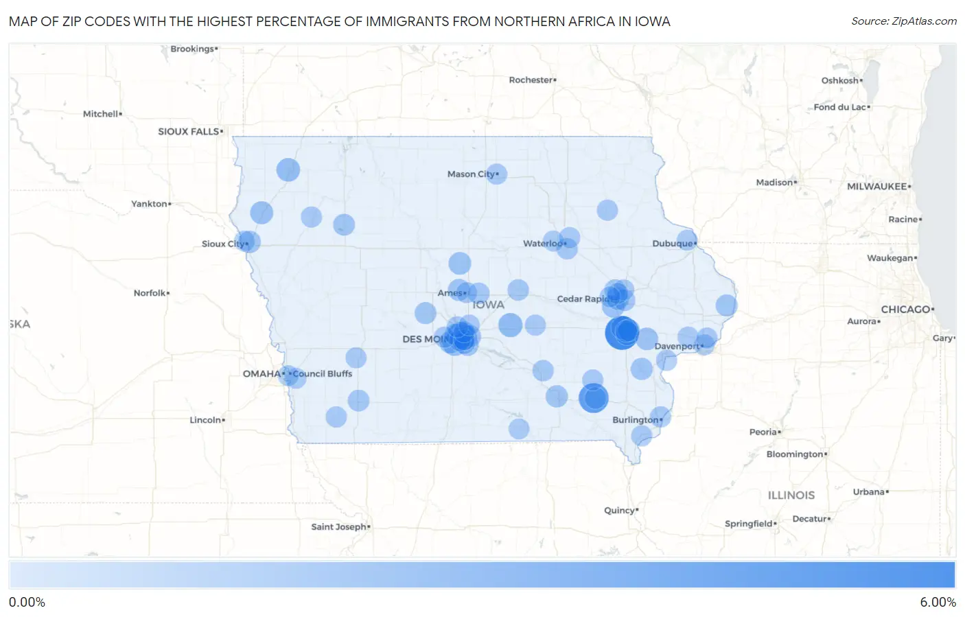 Zip Codes with the Highest Percentage of Immigrants from Northern Africa in Iowa Map