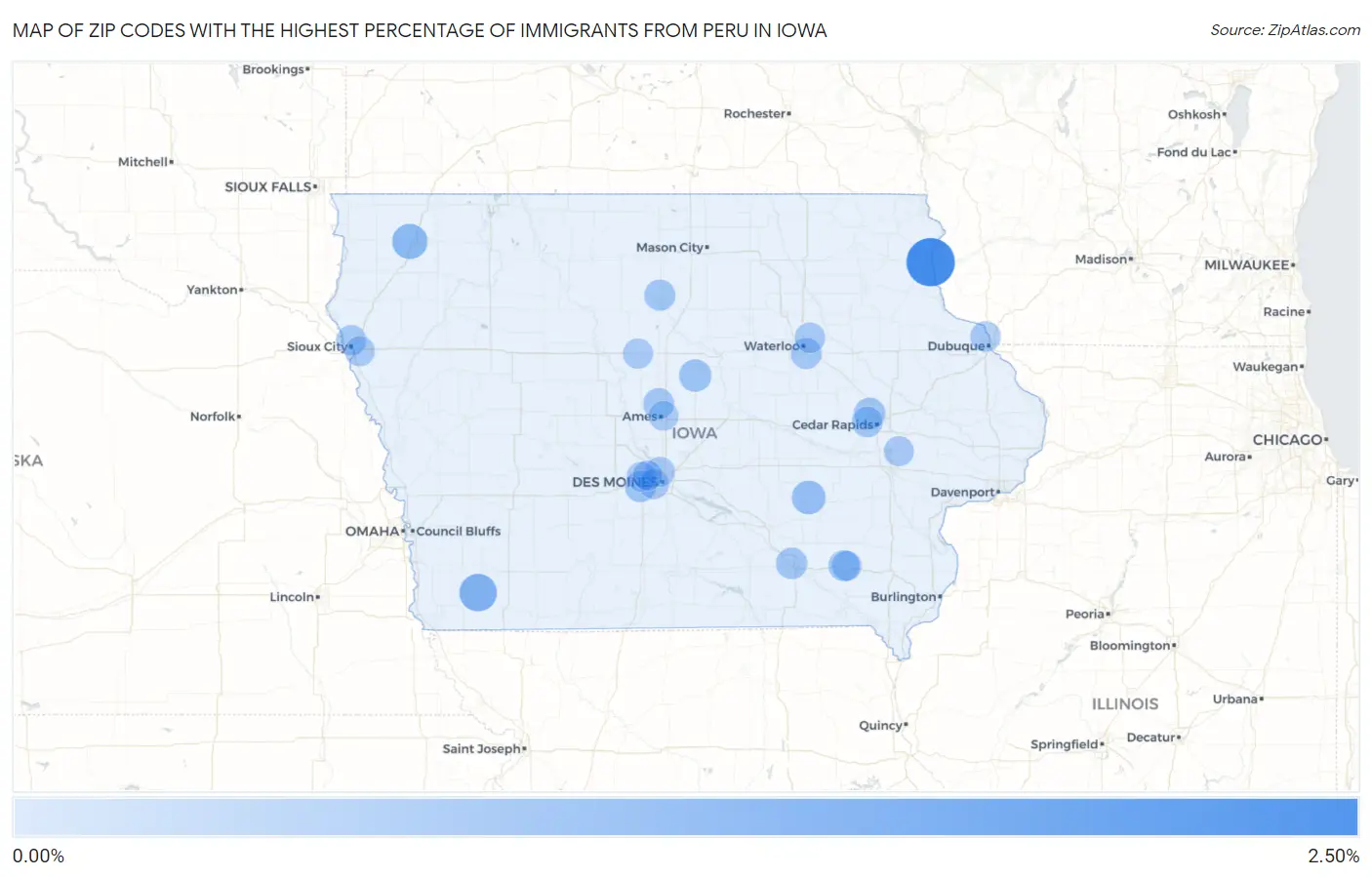 Zip Codes with the Highest Percentage of Immigrants from Peru in Iowa Map