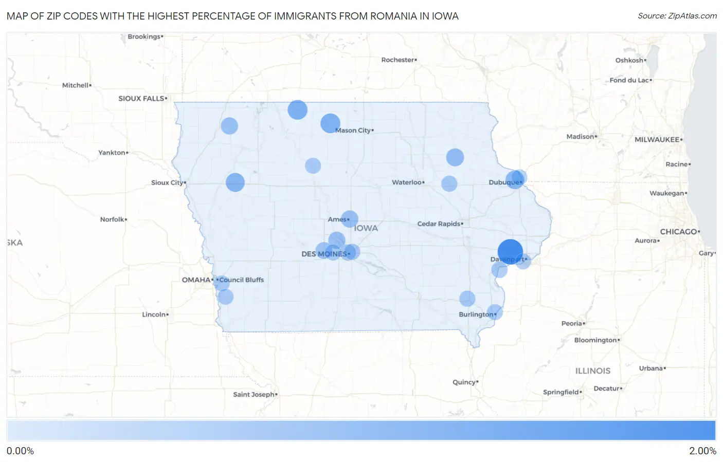 Zip Codes with the Highest Percentage of Immigrants from Romania in Iowa Map