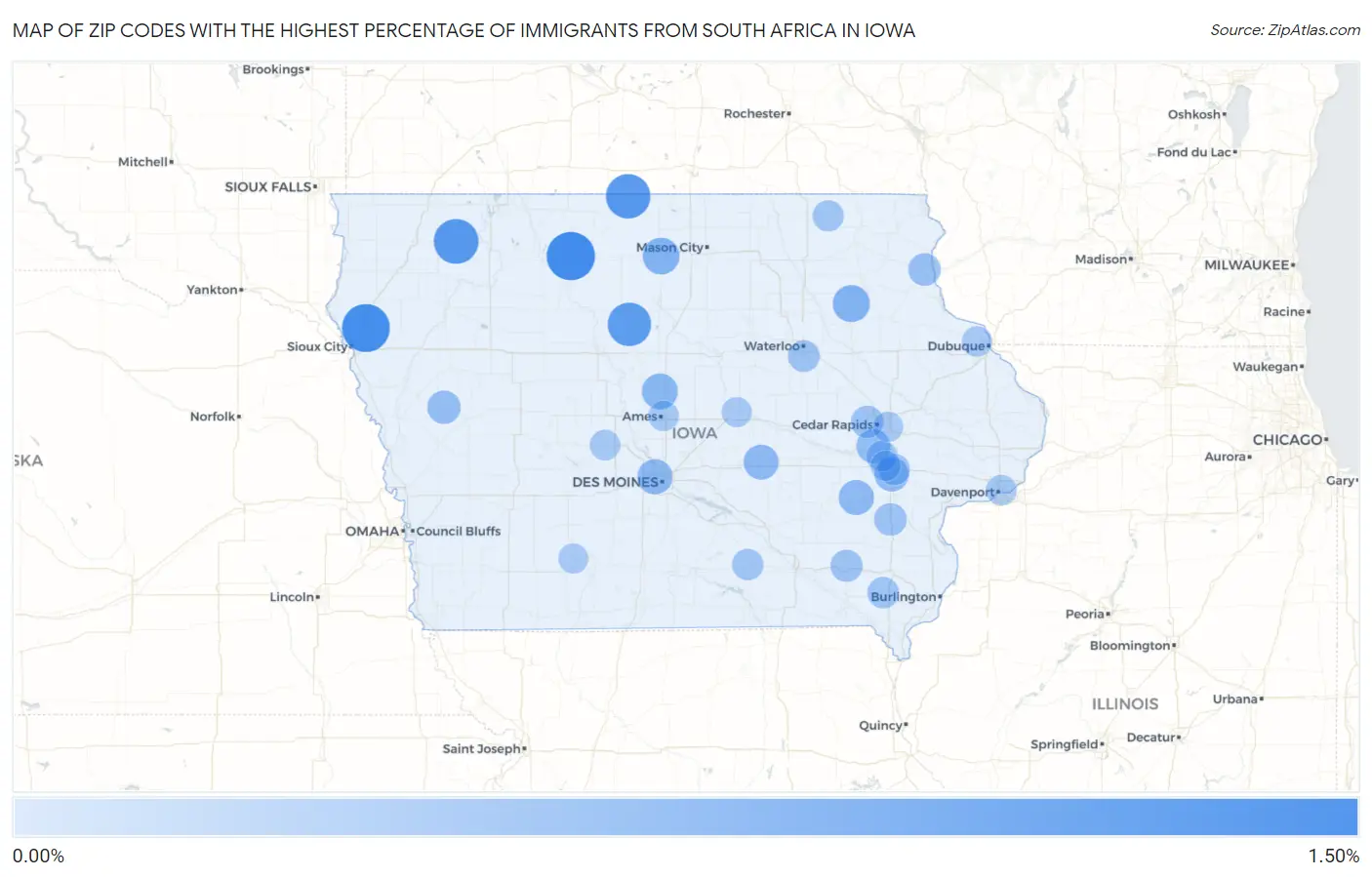 Zip Codes with the Highest Percentage of Immigrants from South Africa in Iowa Map