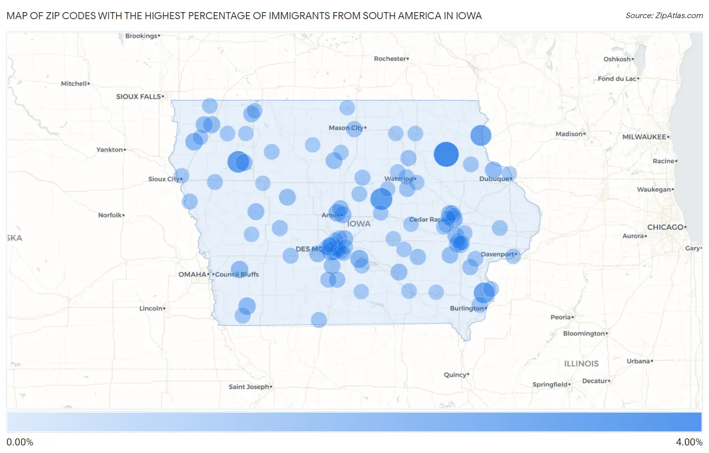 Zip Codes with the Highest Percentage of Immigrants from South America in Iowa Map
