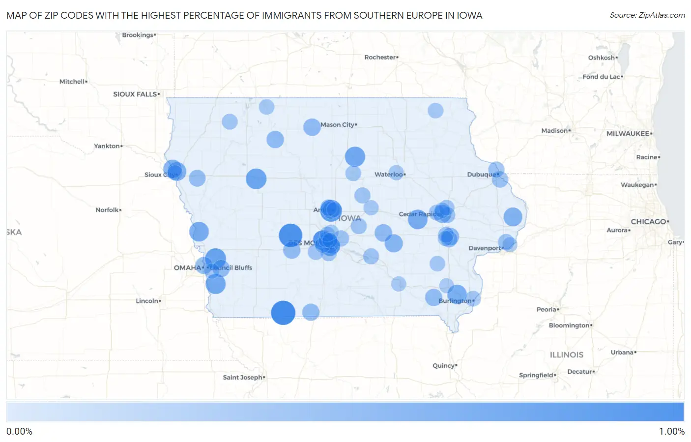 Zip Codes with the Highest Percentage of Immigrants from Southern Europe in Iowa Map