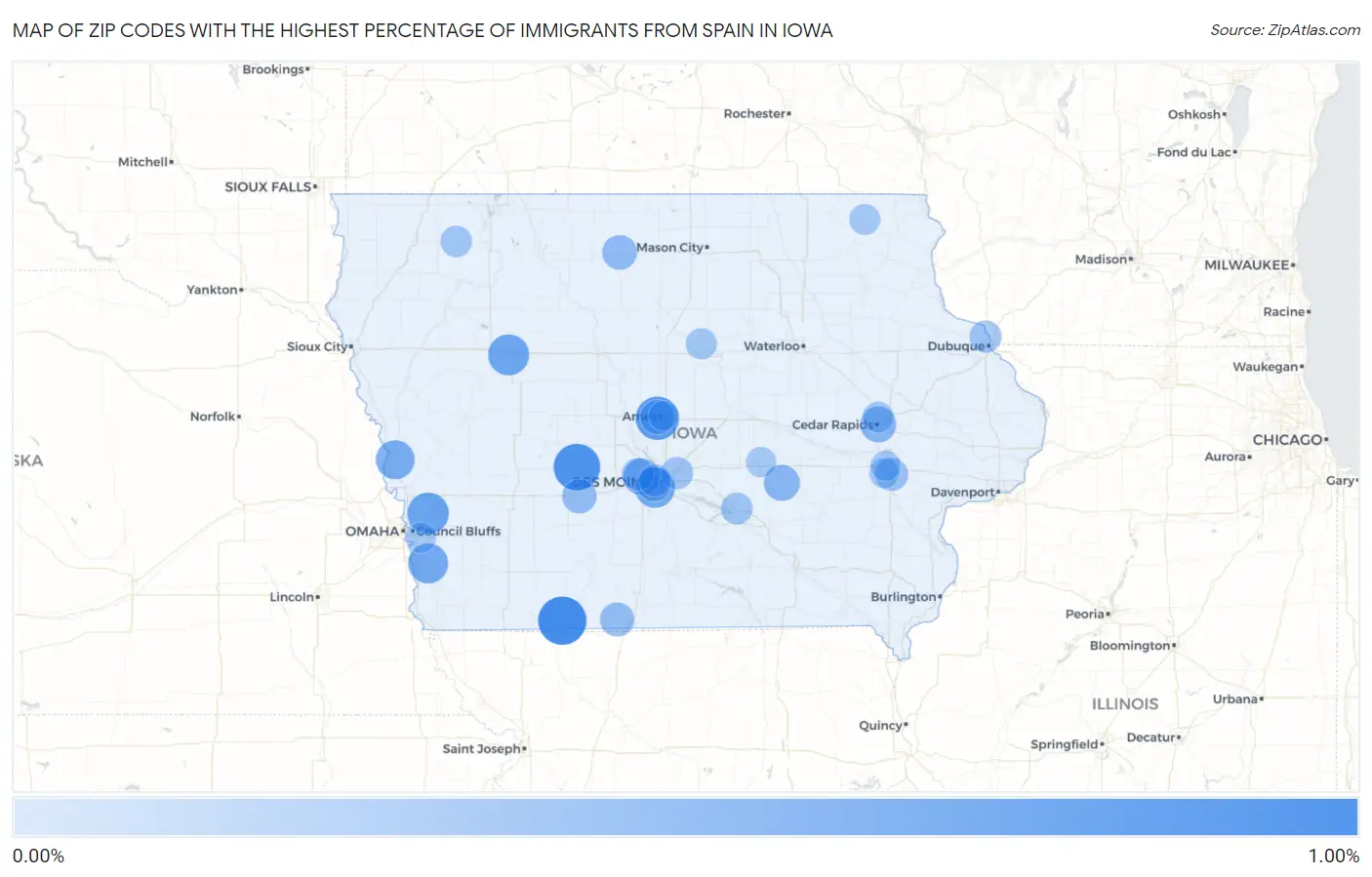 Zip Codes with the Highest Percentage of Immigrants from Spain in Iowa Map