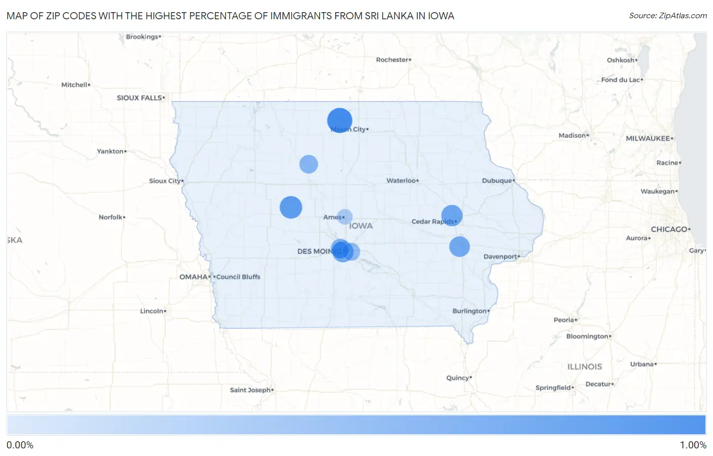 Zip Codes with the Highest Percentage of Immigrants from Sri Lanka in Iowa Map