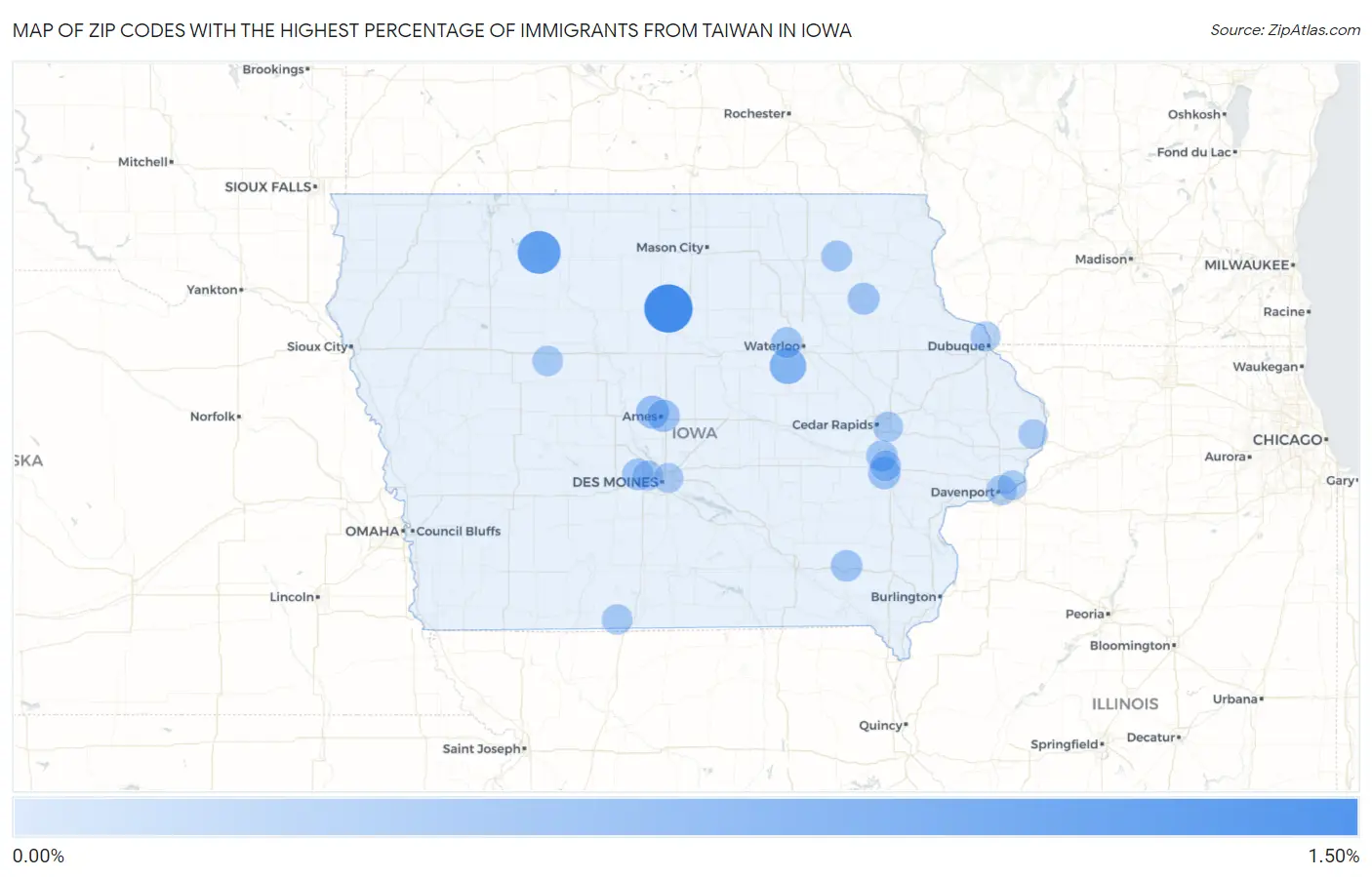 Zip Codes with the Highest Percentage of Immigrants from Taiwan in Iowa Map