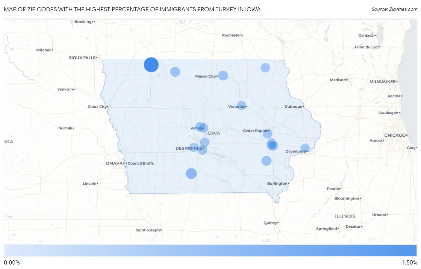 Zip Codes with the Highest Percentage of Immigrants from Turkey in Iowa Map