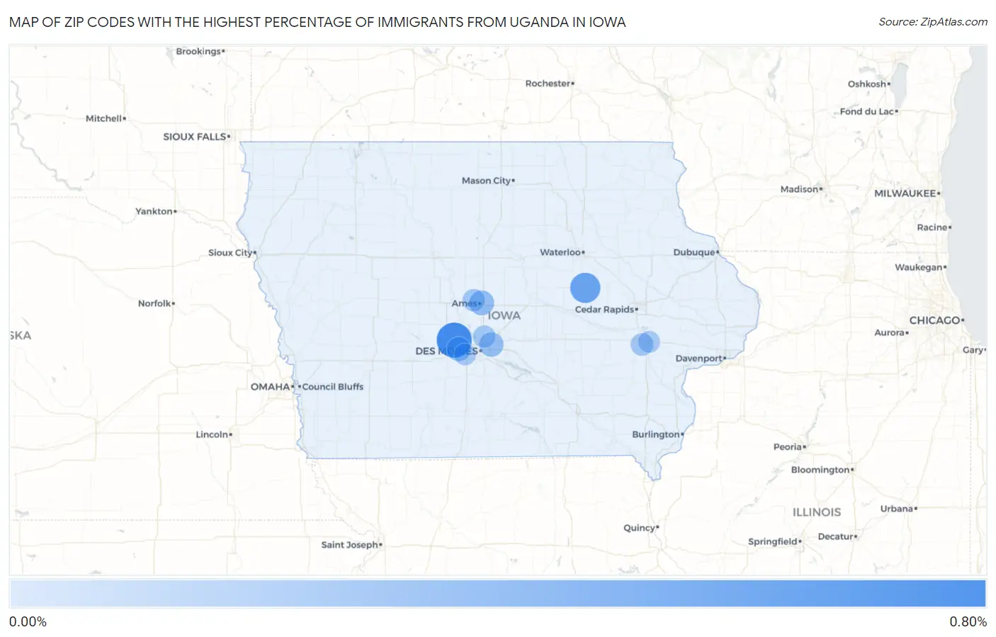 Zip Codes with the Highest Percentage of Immigrants from Uganda in Iowa Map