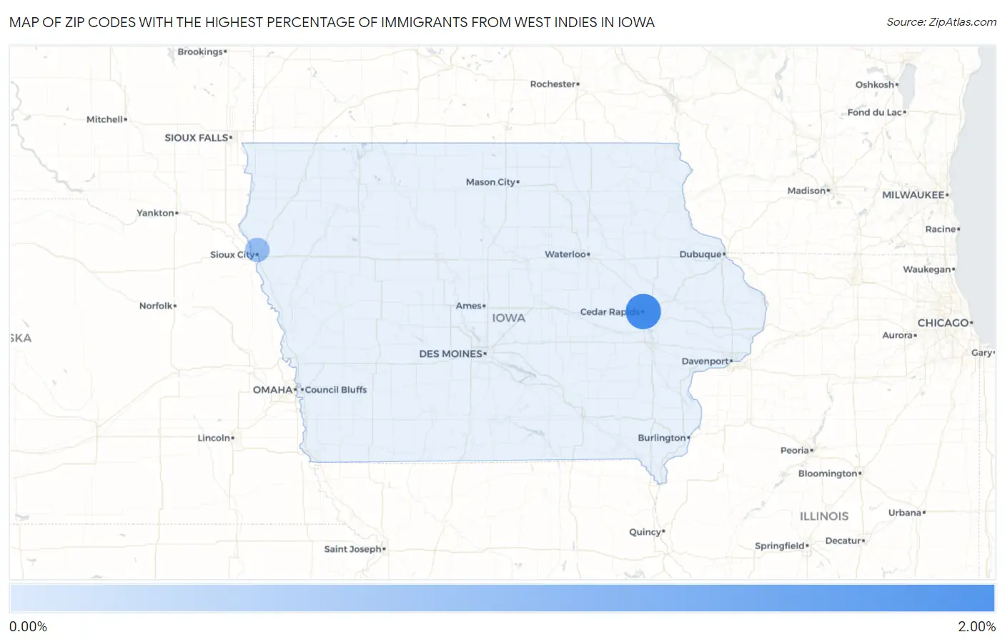 Zip Codes with the Highest Percentage of Immigrants from West Indies in Iowa Map