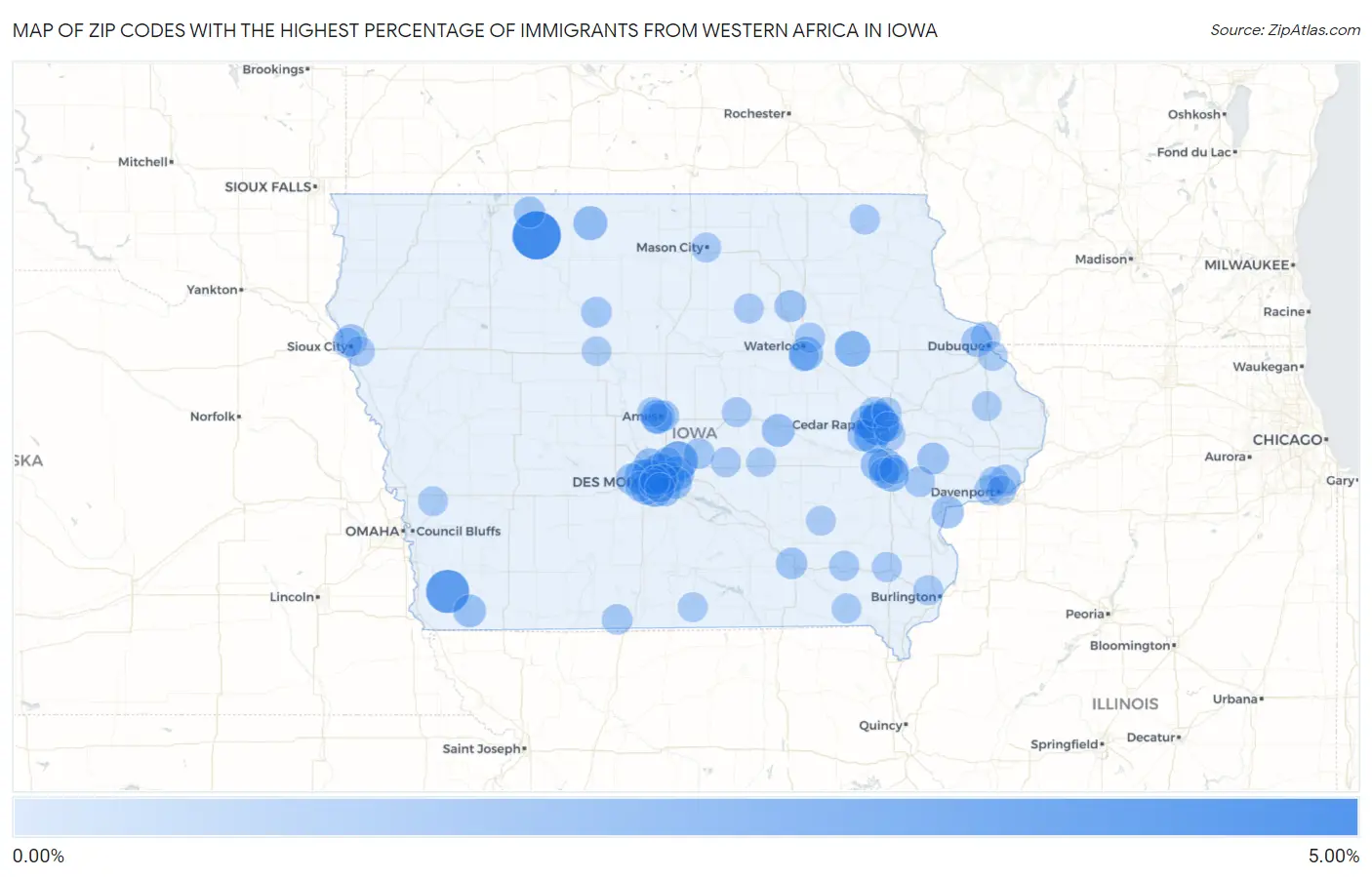 Zip Codes with the Highest Percentage of Immigrants from Western Africa in Iowa Map