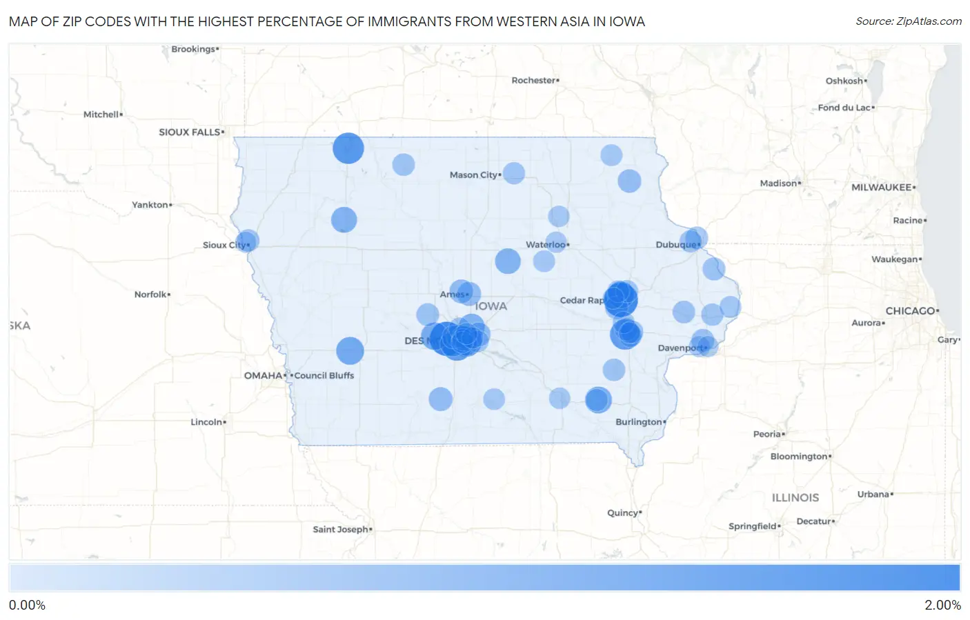 Zip Codes with the Highest Percentage of Immigrants from Western Asia in Iowa Map