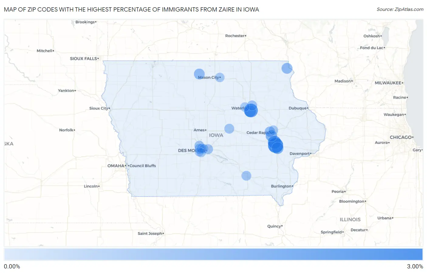 Zip Codes with the Highest Percentage of Immigrants from Zaire in Iowa Map