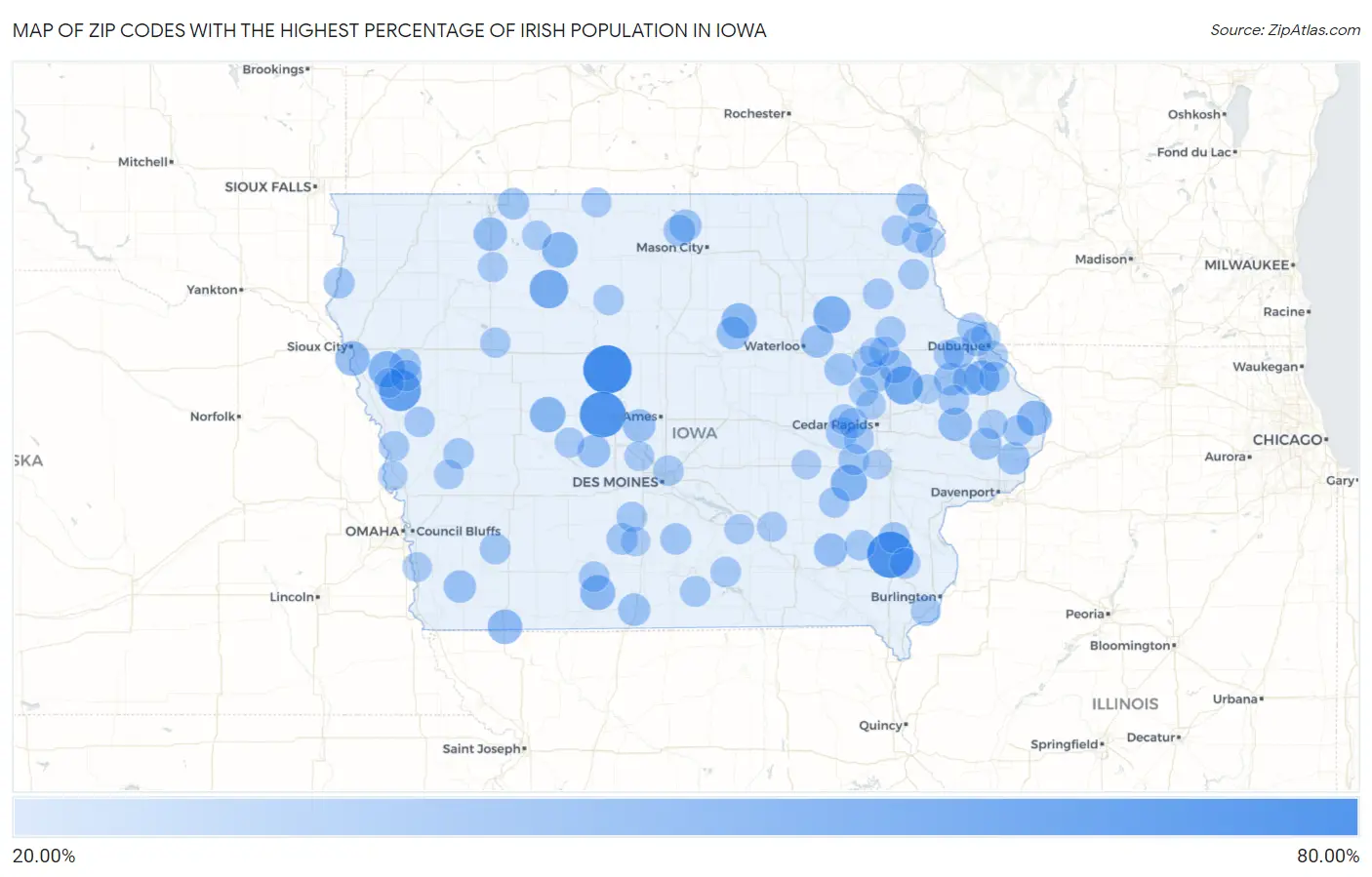 Zip Codes with the Highest Percentage of Irish Population in Iowa Map