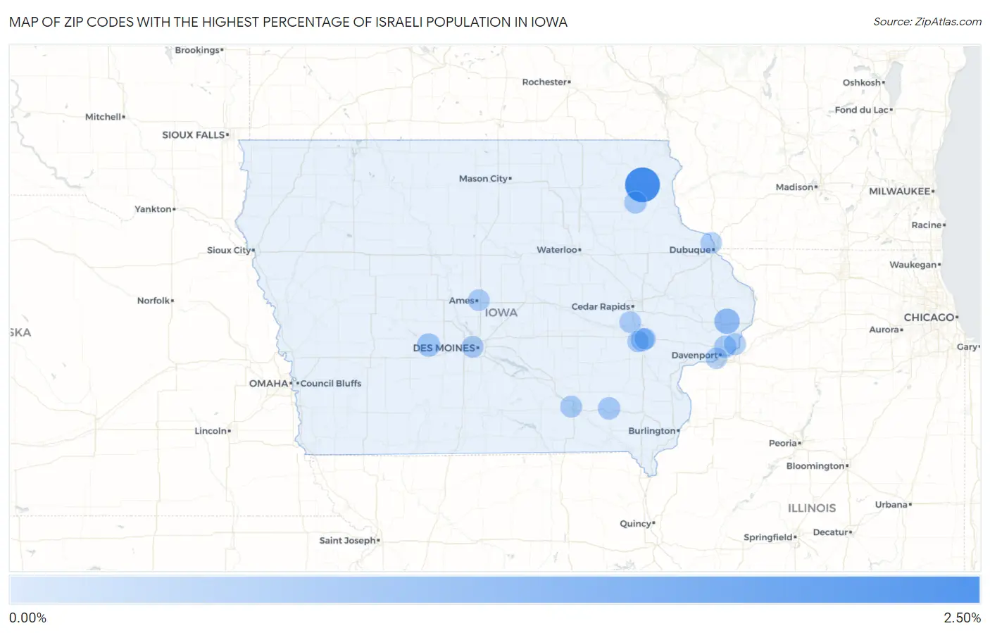 Zip Codes with the Highest Percentage of Israeli Population in Iowa Map